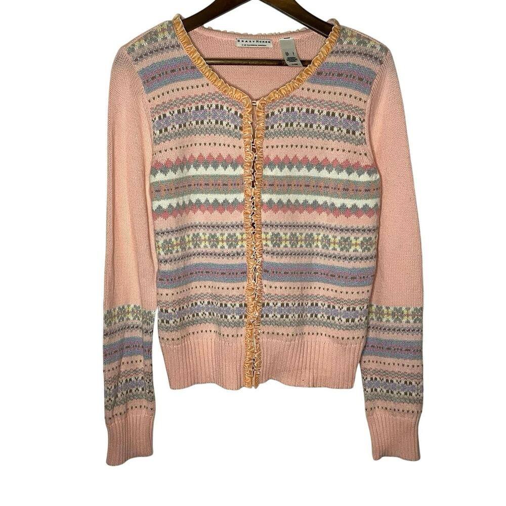 Vintage Liz Claiborne Women’s L Cardigan Peach Pink Velvet Ruffle Boarder